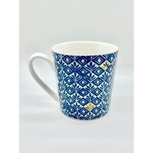 Blue and White Porcelain ikat pattern Mug with gold accents.